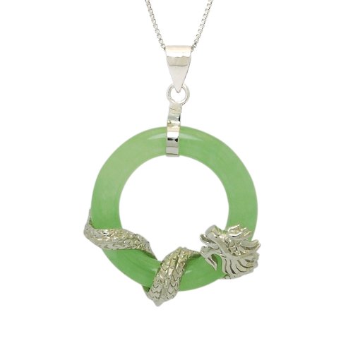 Sterling Silver Green Jade Circle Pendant with Dragon on Chain, 18"