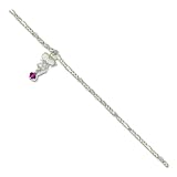 Sterling Silver Dark Pink Crystals & Dangling Butterflies Anklet - 9 inch