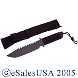 Black Steel Survival Knife, Stainless Steel Fixed Blade with Rope Wrapped Handle, Camping / Hiking / Hunting / Fishing