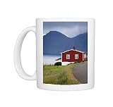 Photo Mugs of Houses at Hellur, small village near Oyndarfjordur, cliffs of Kalsoy Island in from Robert Harding
