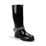 Adjustable Buckle Studded Rain Boots Black