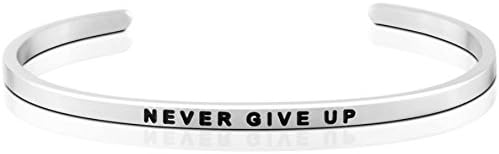 NEVER GIVE UP: Cuff, Stainless Steel, Encouraging Bracelet