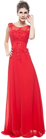 ESY Women's Sheer Neck Long Chiffon Applique Empire Prom Dresses Red US12