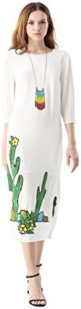 PHOEBEFP Women's Silk Plant Print 3/4 Sleeve Dress (XL)