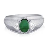 Emerald Gemstone Jewelry: Mens Emerald and White Diamond Ring in 10k White Gold | Fine Gemstone...