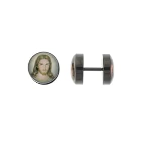 Anodized Black Stainless Steel Fake Plugs with Jesus - 16g Wire - 8mm - Sold as a Pair