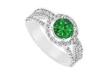 Emerald and Diamond Engagement Ring : 14K White Gold - 1.25 CT TGW