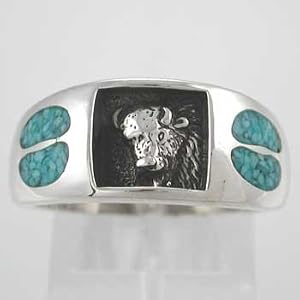 Southwestern Style Buffalo Ring in Sterling Silver with Turquoise Chip Inlay Buffalo Tracks for Men or Women, Sizes 5, 6, 7, 8, 9, 10, 11, 12, 13, 14 and 15, #10134