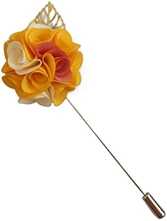 RuiLida Men's Polyester Mixed Color 12 Petals with Leaf Flower Lapel Pin Boutonniere Pin Corsage for Suit (011-Yellow+White)