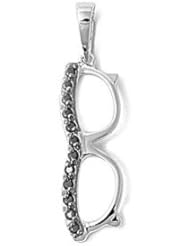 Sterling Silver Eye Glasses Black CZ Pendant Gift Cute Charm Pure 925 New 23mm with 1.4mm Box Chain