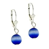 Sterling Silver .925 8mm Simulated Dark Blue Cats Eye Stone Bead Beaded Dangle LeverBack Lever Back Earrings