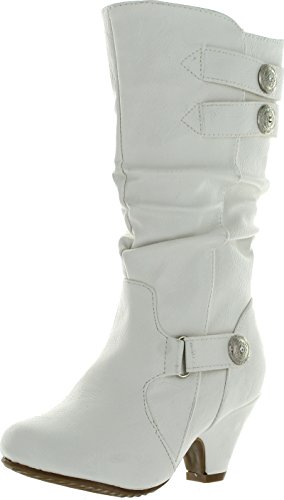 Bag56 Kids Dual Strap Rhinestone Button Slouch Kitten Heel Mid Calf Riding Boots