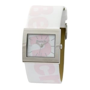 Bench ladies glossy white dial, white strap with printed 'Bench' watch