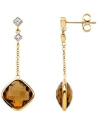 Pair .05 CT TW 14K Yellow Gold 14Ky W/Rhodium Genuine Checkerboard Cinnamon Quartz And Diamond Earring