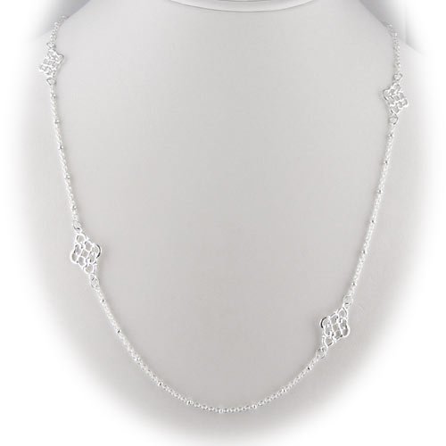 Sterling Silver Floral Link 30 Inch Long Necklace Italy