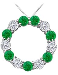 Green Natural Emerald and Diamond Circle Necklace in 14K White Gold 2 Carat Total Gem Weight