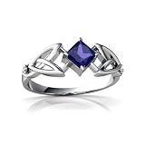 14K White Gold Square Created Sapphire Celtic Knot Ring