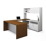 Bestar Pro-Linea U-Shape Workstation with Hutch, White and Cognac Cherry 120854-17