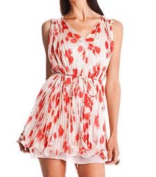 MM Couture Womens Coral Flower Accordian Pleated Dress with Belt Tie - As Seen in Glamour Magazines , Large (6-8)