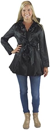 Womens Elegant Silk Front Ruffle Trench Coat- Assorted Colors (Small, Black)