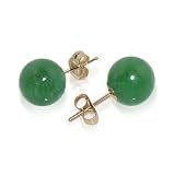 14 KT Yellow Gold 8 MM Green Jade Stud 14k Post Earrings