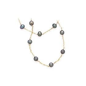 14K Yellow Gold Black Pearl Tin Cup Necklace and Bracelet Jewelry Set by Katarina Jewelry