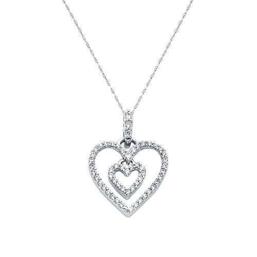 14K White Gold CZ Twin Hearts Charm Pendant with 1.0mm Anchor Link Mariner Chain Necklace Set - 18\