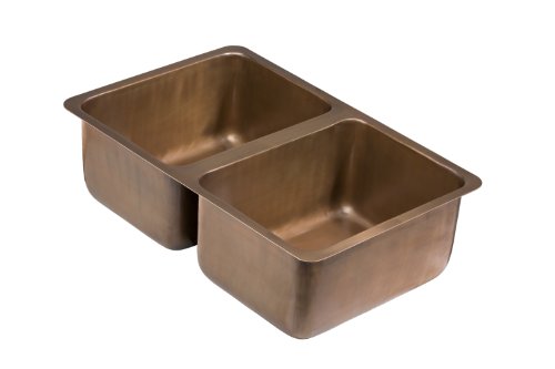 ECOSINKS K2U-0801SA Dual Mount Solid Copper 2-Hole Double Bowl Kitchen Sink, 31x20x9-Inch, Smooth Antique Copper On Sale