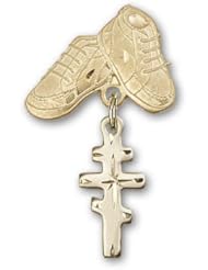 14K Gold Baby Badge with Greek Orthadox Cross Charm and Baby Boots Pin