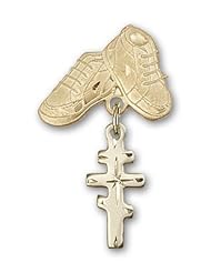 Gold Filled Baby Badge with Greek Orthadox Cross Charm and Baby Boots Pin
