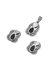 Sterling Silver Pearl Onyx Figure Eight Vintage Style Marcasite Earring Pendant Set