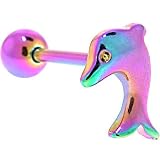 Rainbow Titanium Anodized 3-D DOLPHIN Barbell Tongue Ring