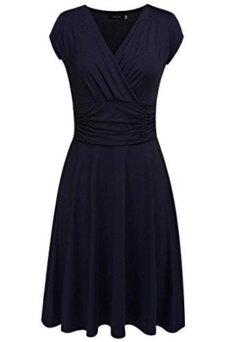Finejo Women's V-Neck Casual Vintage Ruched Waist Cocktail Swing Party Dress