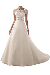 Organza Natural   Waistline Short Sleeves Open-Back Illusion Beaded Lace  Dress