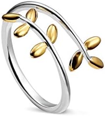 Sweetiee Ring 925 Sterling Silver Cuff Ring, with 18K Gold Plated Laurel Wreath, 17.5mm