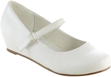 DOTTY SUGARY Children's Girls Round Toe Low Wedge Heel Trendy Mary Jane Shoes, Color:WHITE, Size:11 M US Little Kid