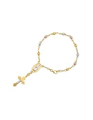14K Yellow Gold 7 Inch Tri-Color Rosary Symbolic Cross Bracelet