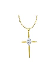 10k Yellow Gold Round Diamond Cluster Womens Ladies Christian Cross Crucifix Fashion Pendant with 18" Chain - .05 (1/20) Ct.t.w.