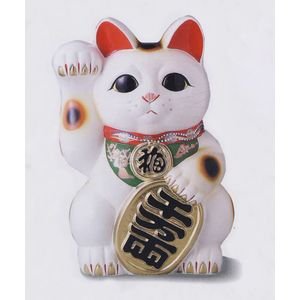 【常滑焼】白小判　招き猫　4号右手　開運