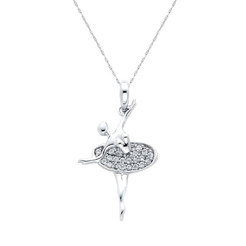 14K White Gold CZ Ballerina Charm Pendant with 1.0mm Anchor Link Mariner Chain Necklace Set - 18\