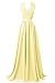 R&J Women's Modest V Neck Open Back Chiffon Long Evening Gown with Lace