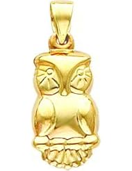 14K Yellow Gold 3D Owl Charm Night Bird Pendant Jewelry