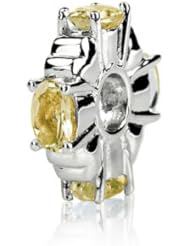 Best Gift for November Birthday , Sterling Silver Spacer Charm with Citrine Gemstones ,Fits Pandora and All Brands Charm Bracelets and Necklaces.