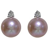 Natural Lavender 7.5-8mm Orbital Diamond 14k White Gold Cultured Pearl Stud Earrings - Dahlia Classic Collection