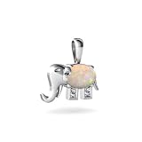 14K White Gold Oval Genuine Opal Elephant Pendant