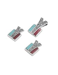 Sterling Silver Turquoise Carnelian CZ Marcasite Divided Vintage Style Rectangular Earring Pendant Set
