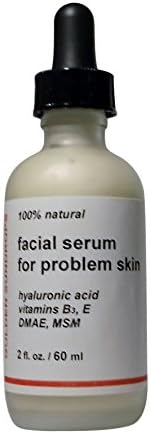 GOLDEN SUNDROPS, FACIAL, SERUM, (2 FL OZ), FOR, PROBLEM, SKIN, HYALURONIC ACID, VITAMIN B3, VITAMIN E, DMAE, MSM, FOR, ACNE, BLEMISHES, COLD SORES, IRRITATIONS, PIMPLES, SENSETIVE SKIN, RASH, COMEDONES, (WHITE AND BLACK HEADS), ITCHING, PROBLEM SKIN, AND MUCH MORE, FOR FACE, NECK, BODY, CONTAINS 89% CERTIFIED ORGANIC INGREDIENTS, 2 FL OZ / 60 ML, MADE IN THE USA.