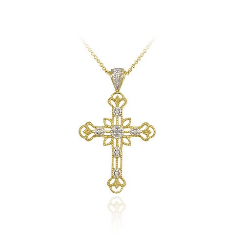 18K Gold over Sterling Silver Diamond Accent Filigree Cross Pendant