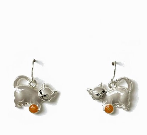 Silvertone Cat and Ball Dangle Earrings Fashion Jewelry