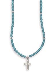 CleverSilvers 13+2Extension Necklace With Turquoise Glass Beads And Cross Charm